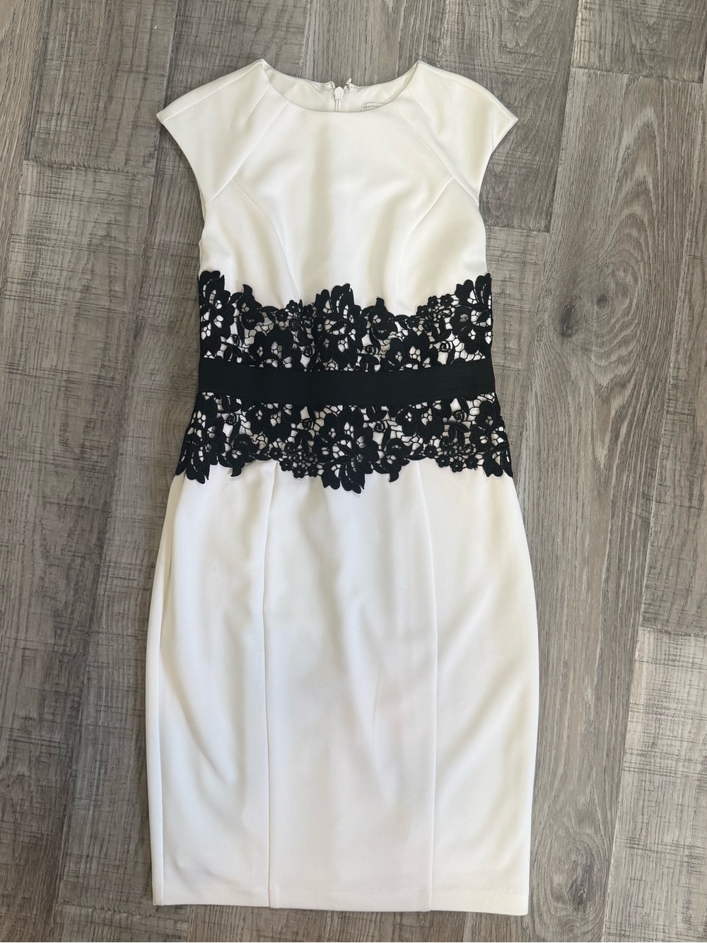 New York & Company White Midi Dress with Black Lace Waistband Size- Medium